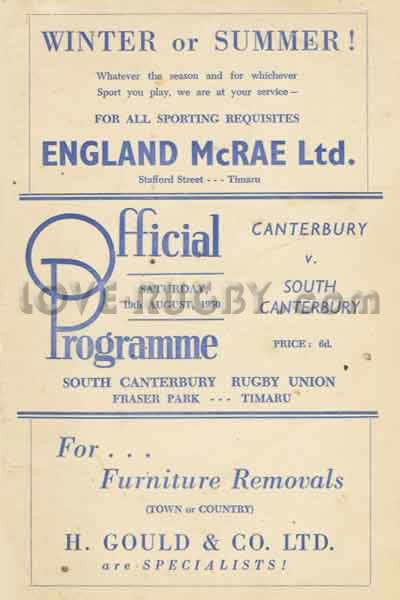 1950 South Canterbury v Canterbury  Rugby Programme